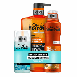 L'Oréal Men Expert kühlendes Pflegeset Anti-Glanz für Männer, Mit XXXL Duschgel, XXL Gesichtspflege und XXL Deospray, Set für Herren mit Taurin, Meeresquellwasser und Keramik, Hydra Energy, 3-teilig XXL Gesichtsgel, Duschgel & Deospray