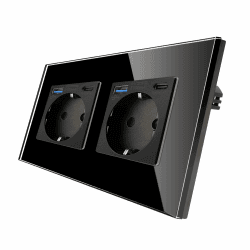 CNBINGO Glas Doppelsteckdose mit USB Ports (Typ-C und Typ-A unterstützung 20W Schnellladen) - Zweifach Steckdose Unterputz in Schwarz - Schuko Schutzkontakt Wandsteckdose mit Glasrahmen Doppelsteckdose mit 2x USB A+C Schwarz