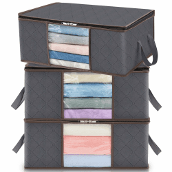 Lifewit 3 Stück 35L Aufbewahrungstasche, Unterbett Aufbewahrungsbox Kleideraufbewahrung, Faltbare Umzugskartons mit Klarem Fenster für Bettdecken Kleidung Decke T-Shirts Kleiderschrank, Grau 3 35L