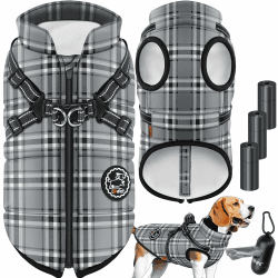 Lovpet® Hundejacke Hundemantel mit Geschirr, inkl. 45 Stück Kotbeutel + Spender, Hunde Winterweste gefüttert wasserdicht, Gepolsterte Weste Mit Brustgurt, Reflektoren, D-Ring L, Grau L Grau