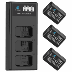 Homesuit NP-FW50 Akku 1300mAh und DREI Schlitze LCD Ladegerät Kit für Sony ZV-E10, Alpha A6000, A6500, A6300, A6400, A7II, A7RII, A7SII, A7S2, A7R, A7R2, A55, A5100, RX10 Kamera (3 Pack) 1*3-Slot LCD Ladegerät + 3*Akkus