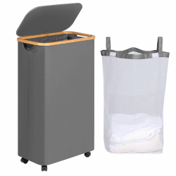 efluky 75L Wäschekorb mit Rollen, Schlanker Wäschekorb mit Deckel, Grau Faltbare Wäschebehälter mit Bambusgriffen und abnehmbarem Beutel für Schlafzimmer, Bad, Waschküche Grau 75L