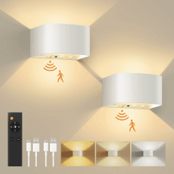 FULEN 2 Stück Akku wandleuchte mit Bewegungsmelder, LED Wandleuchte Innen, 3 Farben, 3 Modi, Up and Down Kabellose Akku Wandleuchte mit Fernbedienung für Schlafzimmer Wohnzimmer Treppe (Weiß) Weiß – 2 Stück