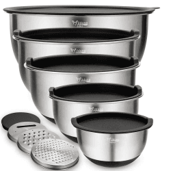 Rührschüsseln 5er-Set, Wildone Edelstahl mit luftdichten Deckeln, 3 Reibenaufsätzen, Messmarken und rutschfesten Böden, Größe 5, 3, 2, 1,5, 0,63 QT, ideal zum Mischen und Servieren 5pc+3graters