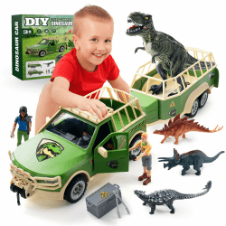 Coroiesty Dinosaurier Spielzeug Set, Tyrannosaurus Rex für Kinder 3-5 Jahre, DIY Transportauto mit 4 Dino Figuren Jungen und Mädchen Grün Dinosaurier