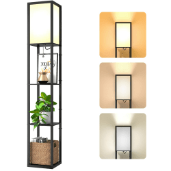 Stehlampe mit Regal aus Holz, Stehlampe Wohnzimmer mit E27 Birne 3 Farbtemperatur, Stehleuchte 1.62M mit Lampenschirm, Moderne Schwarz Standleuchte mit 3 Holzregale für Whonzimmer Schlafzimmer Büro Schwarz 162cm