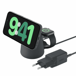 Belkin BoostCharge Pro kabellose 2-in-1-Ladestation mit MagSafe (15 W), MagSafe Ladegerät, kompatibel mit iPhone der Serien 16, 15, 14, 13, 12, AirPods und Anderen MagSafe-fähigen Geräten Holzkohle