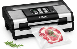 FRESKO Vakuumiergerät, Absaugleistung 15 Liter/Min, Automatischer Vakuumierer für Einhand-Bedienung, für Langzeitbetrieb, mit Cutter und 2 Rollen Vakuumierfolie (V9) Schwarz