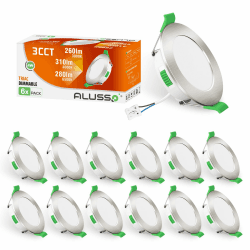 ALUSSO LED Einbaustrahler 230V Dimmbar,68mm 4W LED Spots Flach LED Einbauleuchten Einbauspots,Warmweiß 3000K Neutralweiß 4000K Kaltweiß 6500K,IP44 Deckenspots für Badezimmer,Küche,Wohnzimmer,12er Set 4w Nickel Gebürstet, Ø55-68mm Lochmass 12er Set