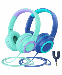 iClever Kinder Kopfhörer mit Sharing Splitter [2 Pack]- 85dB Safe Volume Limited - HS22 Kopfhörer für Kinder mit Kabel, Tangle-Free 3.5mm Jack Foldable Stereo für Schule/Tablet/Reisen Blau&Grün