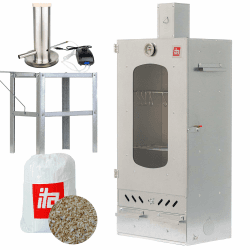 ITA Räucherofen 7012 - Smoker Set mit Rauchgenerator, Tisch & Räucherspänen - Räucherschrank mit 3 Etagen - Legierter Stahl, mit Sichtfenster & Kaminabzug - EU Qualität - Direkt vom Hersteller Smoker mit Rauchgenerator + Tisch