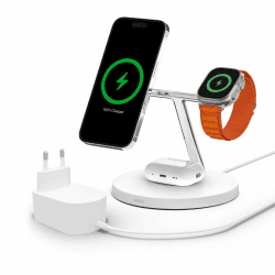Belkin drahtloses MagSafe 3-in-1-Ladegerät, MagSafe ladestation 15 W, schnelles Laden für das iPhone und die AppleWatch, Laden der AirPods, Ladestation für iPhone 16, 15, 14, 13, Apple Watch, AirPods V3 (Apple Watch Fast Charge) Weiß