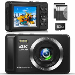 4K 64MP Digitalkamera mit 32 GB Speicherkarte Autofokus-Kompaktkamera mit 16-fachem Digitalzoom, wiederaufladbare 2 1200mAh Batterien 2,4-Zoll-Mini-Kinderkamera für Anfänger Kompakt Schwarz