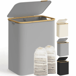 SONGMICS Pfandflaschen Sammelbehälter，Wäschekorb mit Deckel, Wäschesammler mit 2 Fächern, 130 L, herausnehmbarer Wäschesack, Griffe aus Bambus, 52 x 38,5 x 70,5 cm, taubengrau LCB513G01 Taubengrau 130 L