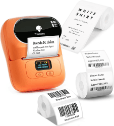 Phomemo M110 Etikettendrucker 3 EtikettenRollen, Beschriftungsgerät Selbstklebend für Telefon und PC, Bluetooth Etikettendrucker, Etikettiergerät für Zuhause, Büro und kleine Unternehmen Mit 3 Etikettenrollen Orange