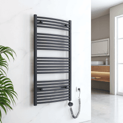 EMKE Badheizkörper Elektrisch mit Thermostat 1200 x 600 mm, Gebogen Handtuchheizkörper Elektrisch Handtuchwärmer Handtuchtrockner Elektrischer Handtuchhalter mit Heizstab Anthrazit 600W 1200 x 600 mm Anthrazit