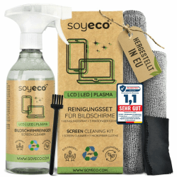 SOYECO ECO Bildschirmreiniger Set 500ml mit 2X Mikrofasertücher & Pinsel - für eine umfassende Gerätepflege - Fernseh Displays (LCD, LED, OLED, QLED, TFT), Handy, Laptop sowie Tastatur, PC & UVM. 500ml + Pinsel