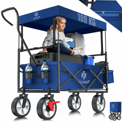 KESSER® Bollerwagen faltbar mit Dach Handwagen Transportkarre Gerätewagen inkl. 2 Netztaschen, Cover und Einer Außentasche Mit Vorderrad-Bremse | klappbar | Vollgummi-Reifen | bis 100 kg Tragkraft Blau/Navy