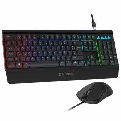 KOORUI Gaming Tastatur Maus Set, Deutsches QWERTZ-Layout mit Handballenauflage Ghosting Schutz Tastaturen USB Kabel 12 Multi Media Tasten und Maus mit 6 Tasten 3200 DPI für Windows MacOS Linux-Schwarz Gaming Tastatur und Maus