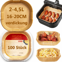 PETHREE Backpapier für Heißluftfritteuse 2-4,5L, 100 Stück BPA-frei Verdicktes 16-20,5cm Airfryer Baking Paper Eckig, Antihaft Wasserdicht Ölfest Einwegschalen Luftfritteuse Schalen Zubehör 16-20,5cm/2-4,5 L