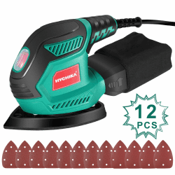HYCHIKA Multischleifer, Deltaschleifer 200W, mit 12 Schleifblätter (Körnung 80/120/240), 14000 U/min, Klettfix-System, Staubsaugbeutel, Schleifmaschine für Ecke & Kante, Metal & Holz ‎schwarz, Grün und Rot