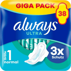 Always Ultra Binden Damen Gr. 1, Normal (38 Damenbinden mit Flügeln) Giga Pack, dünn und super saugfähig, geruchsneutralisierend und Auslaufschutz Normal mit Flügeln Giga Pack