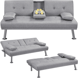Yaheetech Klappbares Schlafsofa Couch Sofa mit Schlaffunktion Bettsofa mit Großer Liegefläche von 167 cm L × 94 cm B fürs Wohnzimmer/Schlafzimmer/Heimkino/Gästezimmer Hellgrau Polyestergewebe Hellgrau