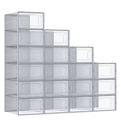 SONGMICS Schuhboxen, 18er Set, Schuh-Organizer aus Kunststoff, faltbar und stapelbar, für Schuhe bis Größe 44, transparent-grau LSP006G18 Transparent + Grau 18er Set für Schuhe bis Größe 44