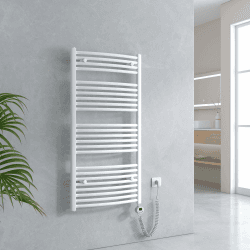 EMKE Badheizkörper Elektrisch mit Thermostat 1200 x 600 mm, Gebogen Handtuchheizkörper Elektrisch Handtuchwärmer Handtuchtrockner Elektrischer Handtuchhalter mit Heizstab Weiß 600W 1200 x 600 mm Weiß