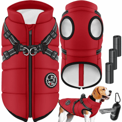 LOVPET® Hundejacke Hundemantel mit Geschirr, inkl. 45 Stück Kotbeutel + Spender, Hunde Winterweste gefüttert wasserdicht, Gepolsterte Weste Mit Brustgurt, Reflektoren, D-Ring XL, Bordeaux Rot XL Bordeaux Rot