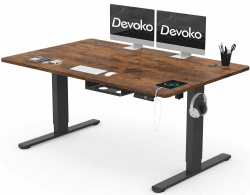 Devoko Höhenverstellbarer Schreibtisch 140 x 80 cm mit Type-C Ladeanschluss, Ergonomischer Steh-Sitz Computertisch mit Kabelmanagement und 3-Funktions-Memory, Vintage-Braun 140 x 80 cm Vintage-braun