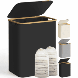 SONGMICS Pfandflaschen Sammelbehälter，Wäschekorb mit Deckel, Wäschesammler mit 2 Fächern, 130 L, herausnehmbarer Wäschesack, Griffe aus Bambus, 52 x 38,5 x 70,5 cm, tintenschwarz LCB513B01 Tintenschwarz 130 L