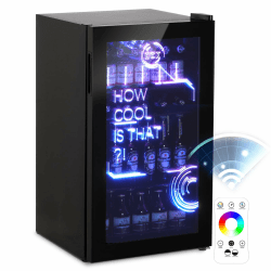 HCK 98L Getränkekühlschrank mit Cyberpunk RGB Beleuchtung, Minibar kleine Kühlschrank mit Glastür, lautlos 39dB, 0-15°C, Bierkühlschrank für Spielzimmer, Küche, Schwarz Cyberpunk 98L