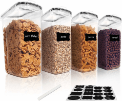 Vtopmart 4L Vorratsdosen Set,Müsli Schüttdose & Frischhaltedosen, BPA frei Kunststoff Vorratsdosen luftdicht, Satz mit 4 + 24 Etiketten für Getreide, Mehl, Zucker(Schwarz) 4l*4 4L*4