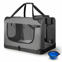 Juskys Hundetransportbox Lassie XL faltbar & tragbar 56x81x58 cm mit Decke, Tasche & Griffen - Faltbare Transportbox für Hunde, Katzen & Haustiere - Oxford Stoff Hundebox Auto Hundetasche - Grau L 81 x B 56 x H 58 cm dunkelgrau