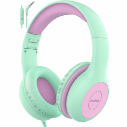 EarFun Kinder Kopfhörer, Kopfhörer Kinder mit Kabel, 85/94dB Lautstärkenbegrenzer, Faltbare, Einstellbar, Stereo Sound, HD-Mikrofon, Audio-Sharing, Over Ear Kinderkopfhörer für Schule/Reise/PC 85dB/94dB Grün und Lila