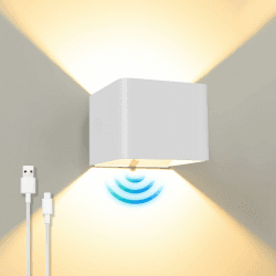 ACMHNC Akku Wandleuchte mit Bewegungsmelder, USB Aufladbare Wandleuchte Innen Ohne Stromanschluss 5W LED Wandlampe Kabellos mit Schalter, Warmweiß Treppenlicht, für Schlafzimmer Wohnzimmer, Weiß