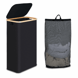 efluky Wäschekorb mit Deckel 75L, Schmal Wäschekorb mit Waschbarer Innentasche, Schwarz Wäschebehälter mit Bambusgriffen, Faltbare Wäschekörbe für Waschküche, Schlafzimmer, Badezimmer Schwarz 75L