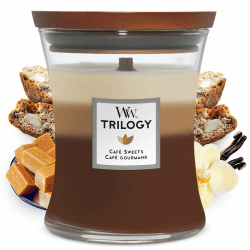Mittelgroße WoodWick Trilogy-Duftkerze im Sanduhrglas mit Pluswick-Innovation, Café Sweets Mittelgroßes Sanduhrglas Café Sweets