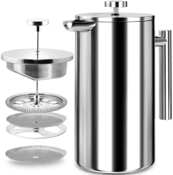 KICHLY French Press Kaffeebereiter 34 Oz - 1000 ml (4 Kaffeebecher / 8 Kaffeetassen) - Kaffeemaschine mit dreifachem Edelstahlfilter & isolierten Wänden - Silber Silber 1 Liter
