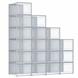 SONGMICS Schuhboxen, 18er Set, Schuh-Organizer aus Kunststoff, faltbar und stapelbar, für Schuhe bis Größe 46, transparent-grau LSP007G18 Transparent + Grau 18er Set für Schuhe bis Größe 46