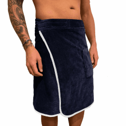 HOMELEVEL Sauna Kilt für Herren mit Klettverschluss und Tasche aus 100% Baumwolle Saunakilt Sarong Dunkelblau / Weiß