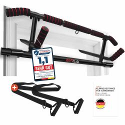 DH FitLife Klimmzugstange Türrahmen ohne Schrauben | Pull up bar Doorway | Reckstange Turnstange Türreck zum Einhängen | inkl. Schlingentrainer | Für Türrahmen 70-92cm Mit Hammergriffen/Schwarz
