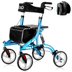 HEAO Rollator Gehhilfe mit Sitz,Gehhilfe für Ältere Menschen,4 x 25.4cm Räder mit Stoßdämpfern,Leichtgewicht Gehwagen nur 9 kg,bis 159kg belastbar,mit höher Mobilität,höhenverstellbar Griff,Blau