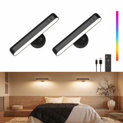 PopoIron Akku Wandleuchten 7500mAh, Wiederaufladbare LED-Wandleuchten für Schlafzimmer mit Touch- und Fernbedienung, 3 Farben, Kabellose Wandlampe, 360° Drehbar, Dimmbare mit 15 RGB-Farben Schwarz-2p