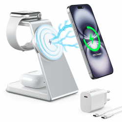 Mag-Safe Ladestation 3 IN 1, Ladestation kompatibel mit App1e Watch und iPh0ne, Induktive Ladestation auch geeignet für Airp0ds Pro 3 2, Kabelloses Ladegerät für iPh0ne 16 15 14 13 12 Serie(Silber)