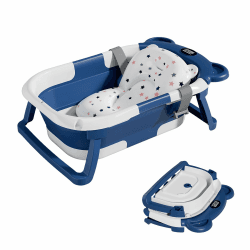 Baby Badewanne mit Thermometer, Faltbare Babybadewanne, Rutschfeste Tragbare Faltbadewanne mit Sitzmatte, Baby Bathtub Babywanne, Tragbare Reisebadewanne für Neugeborene von 0-36 Monaten Blau Bär Blau