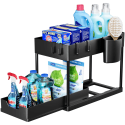Puricon Unter Waschbecken Regal, 2 Etagen Standregal Küche Arbeitsplatte Regal Organizer, Mehrfunktional Küchenregal Gewürzregal Unterschrankregal Spülschrankregal -Schwarz Schwarz 1