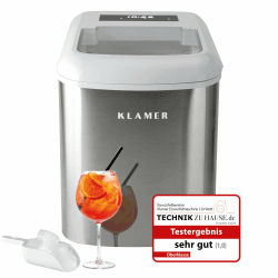 KLAMER Eiswürfelmaschine Weiss, 10 Eiswürfel in 7-9 Minuten, 15 kg Eiswürfel pro Tag, 2 Eiswürfelgrößen, 2,1 L Wassertank, 120 W Ice Maker mit Timer, Leiser Eiswürfelbereiter mit Eisschaufel Weiß