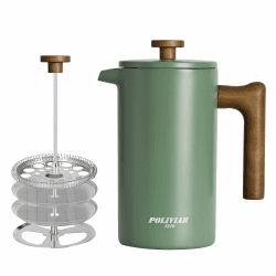Poliviar French Press Kaffeebereiter 1 Liter/8 Tassen, Doppelwandige Isolierte Kaffeekanne und Teebereiter, Handfilter Kaffeepresse mit Plunger & Griff aus Holz, Flatland (Grün) JX2020-FPN-DE 1000ml Wildes Grün